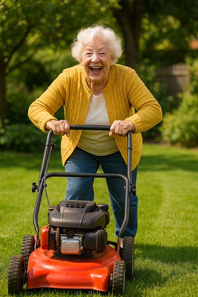 Eine lachende Oma, leicht untersetzt, mit gelber Strickjacke und grauer Hose, bedient einen Benzinrasenmäher.